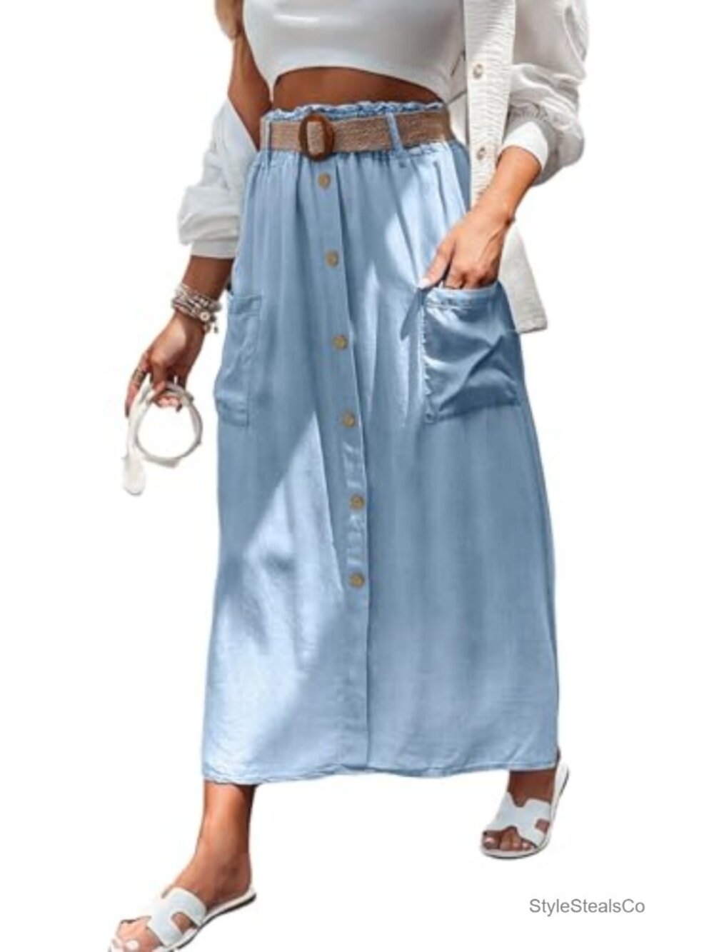 Women's Flowy Tencel Maxi Denim Skirt with Ruffle Hem and Pockets